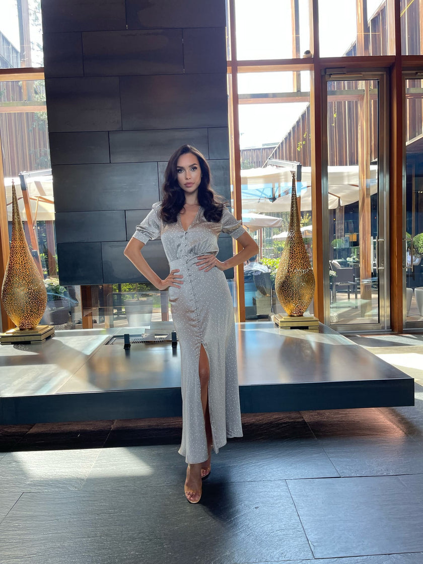 Covered buttons dress, metallic