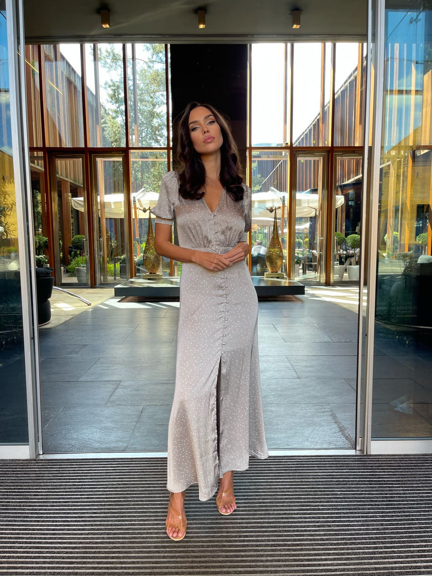 Covered buttons dress, metallic