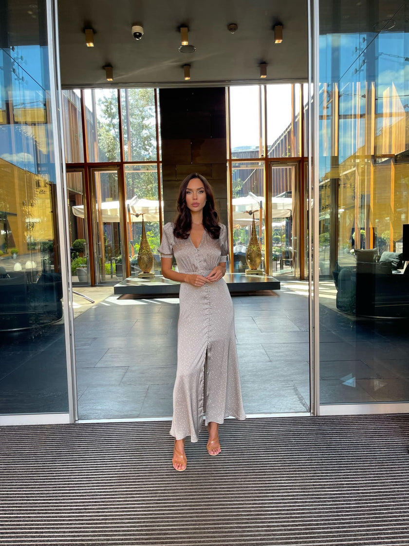 Covered buttons dress, metallic