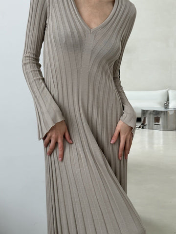 BEATA ribbed tie-back dress, taupe