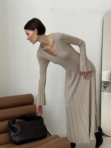 BEATA ribbed tie-back dress, taupe