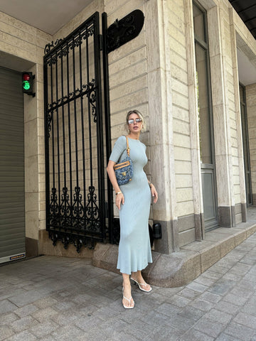 PETRA short-sleeve godet dress, gray-blue