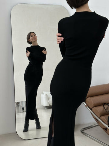 AMALFI merino wool skirt with high slits, black