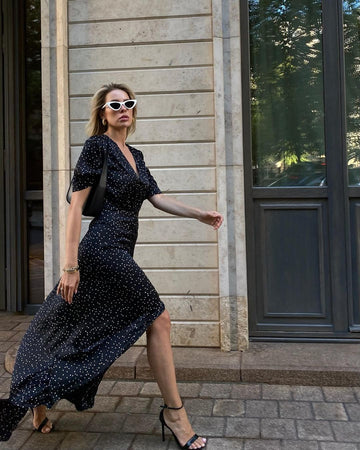 Puff-sleeve dress with covered buttons, black