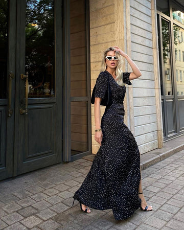 Puff-sleeve dress with covered buttons, black