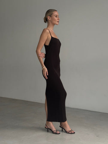 DANIELLA high-slit slip dress, chocolate