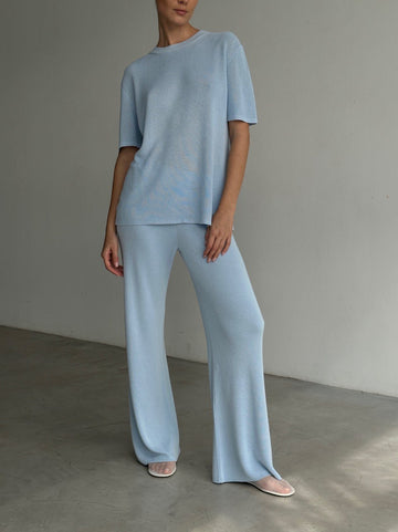 KHAYAL wide leg viscose pants with accent belt, blue