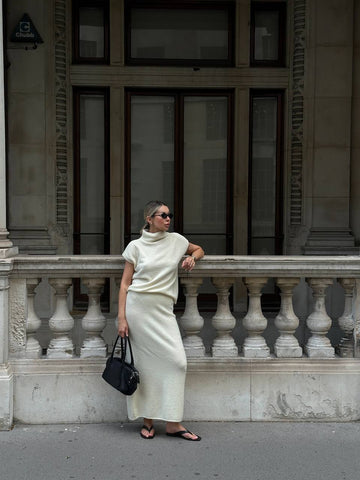 MIU high neck top in wool and alpaca, milk