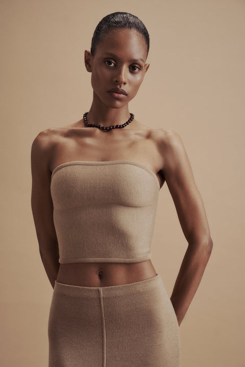 LEO corset style bandeau top in merino wool, beige