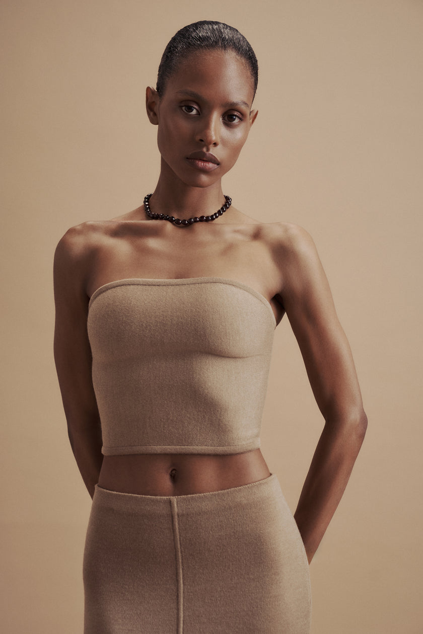 LEO corset style bandeau top in merino wool, beige