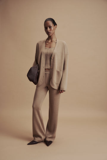 LEO straight leg classic cut merino wool pants, beige