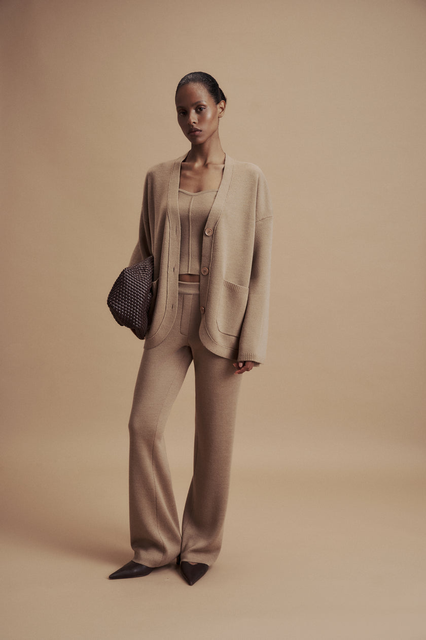 LEO straight leg classic cut merino wool pants, beige