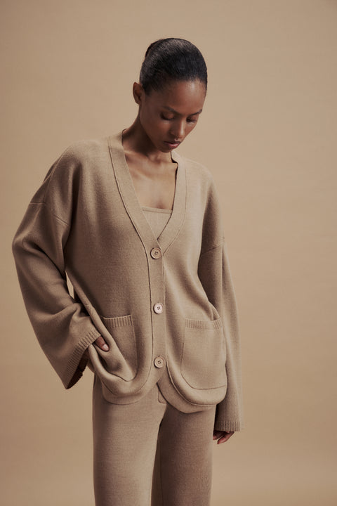 LEO merino wool cardigan with pockets, beige