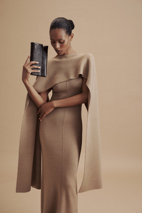 LEO asymmetric cape in merino wool, beige