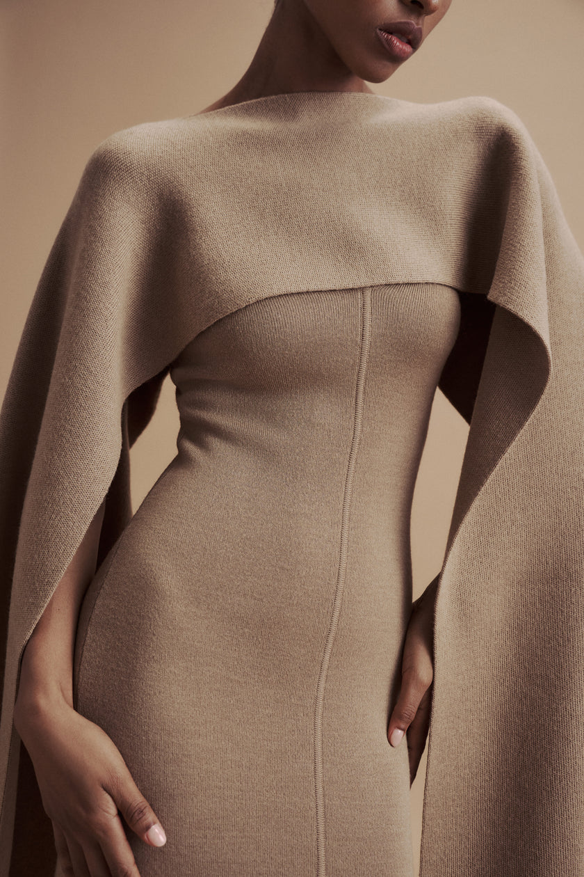 LEO asymmetric cape in merino wool, beige