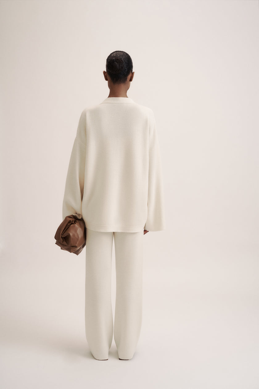 LEO straight leg classic cut merino wool pants, milk