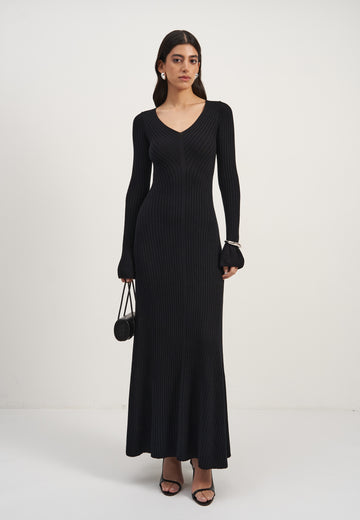 NORA wide-rib dress with flared cuffs, black