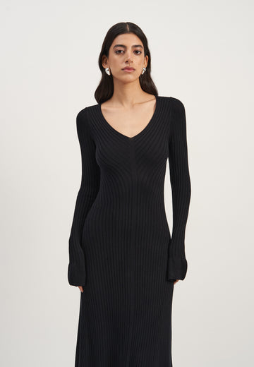 NORA wide-rib dress with flared cuffs, black