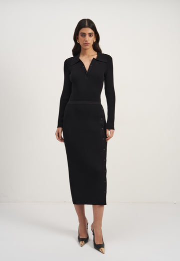 ADEL polo collar dress with button slit, black