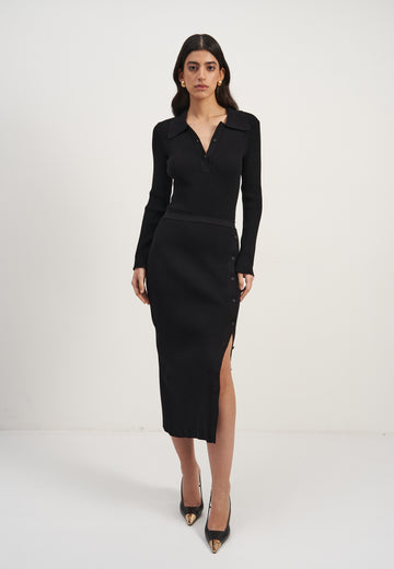 ADEL polo collar dress with button slit, black