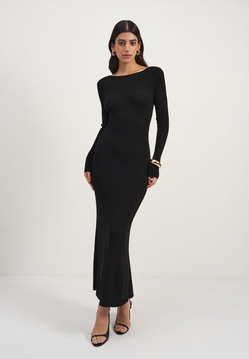 PETRA long-sleeve godet dress, black