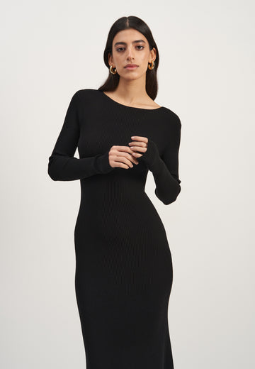 PETRA long-sleeve godet dress, black