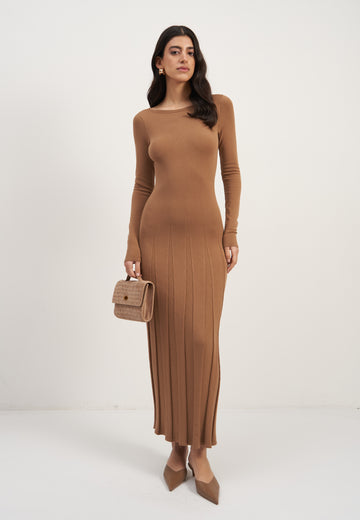 ERIKA long-sleeve godet dress, caramel