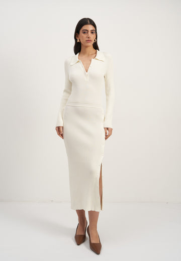 ADEL polo collar dress with button slit, ivory