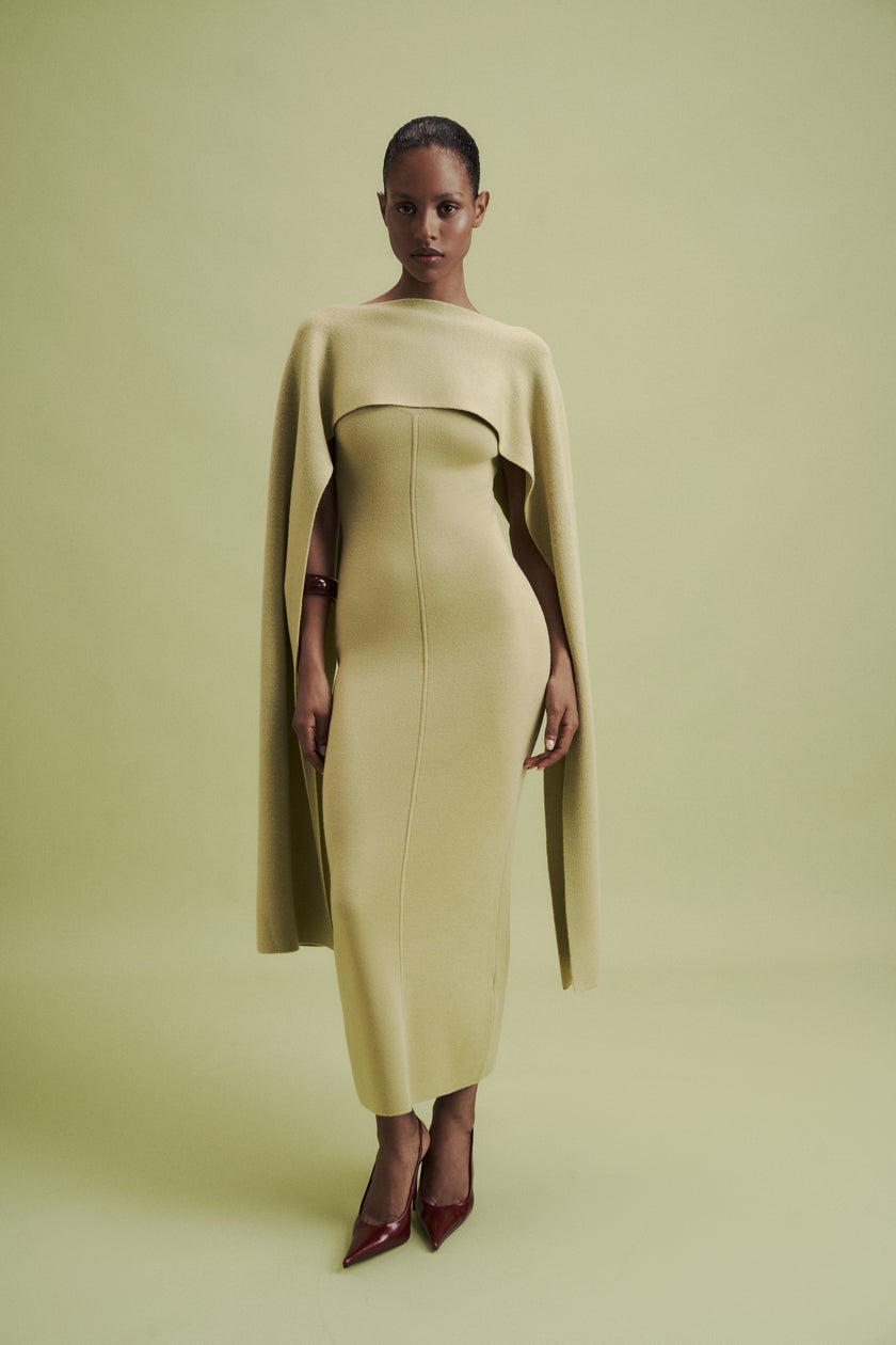 LEO asymmetric cape in merino wool, anise