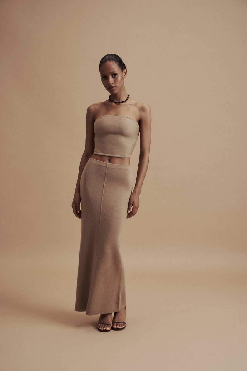 LEO fitted skirt in merino wool, beige