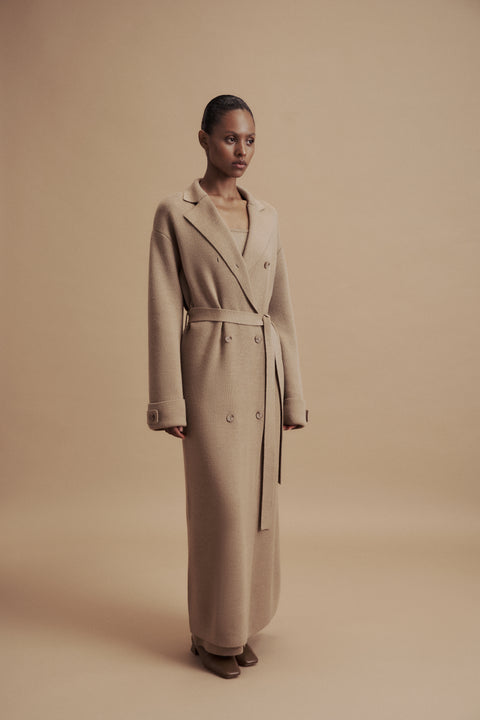 LEO belted coat-cardigan in merino wool, beige