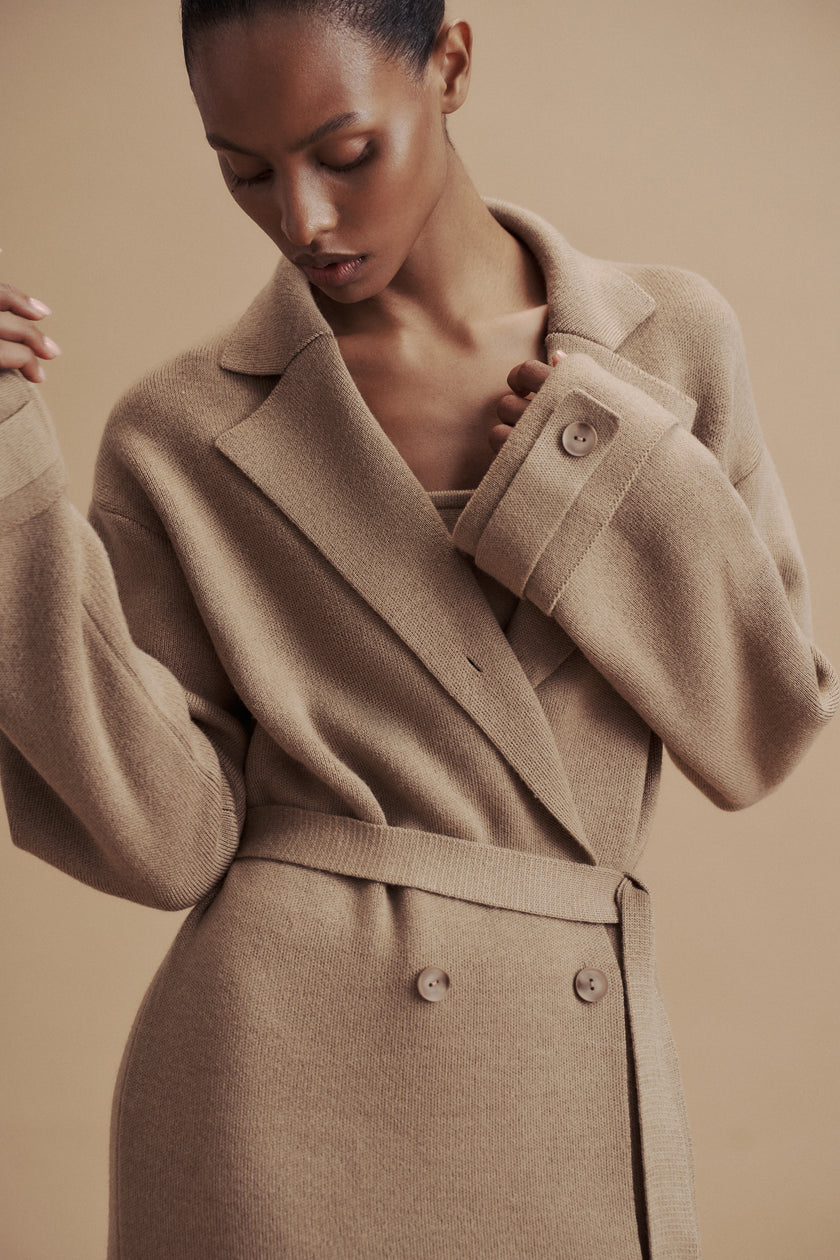 LEO belted coat-cardigan in merino wool, beige