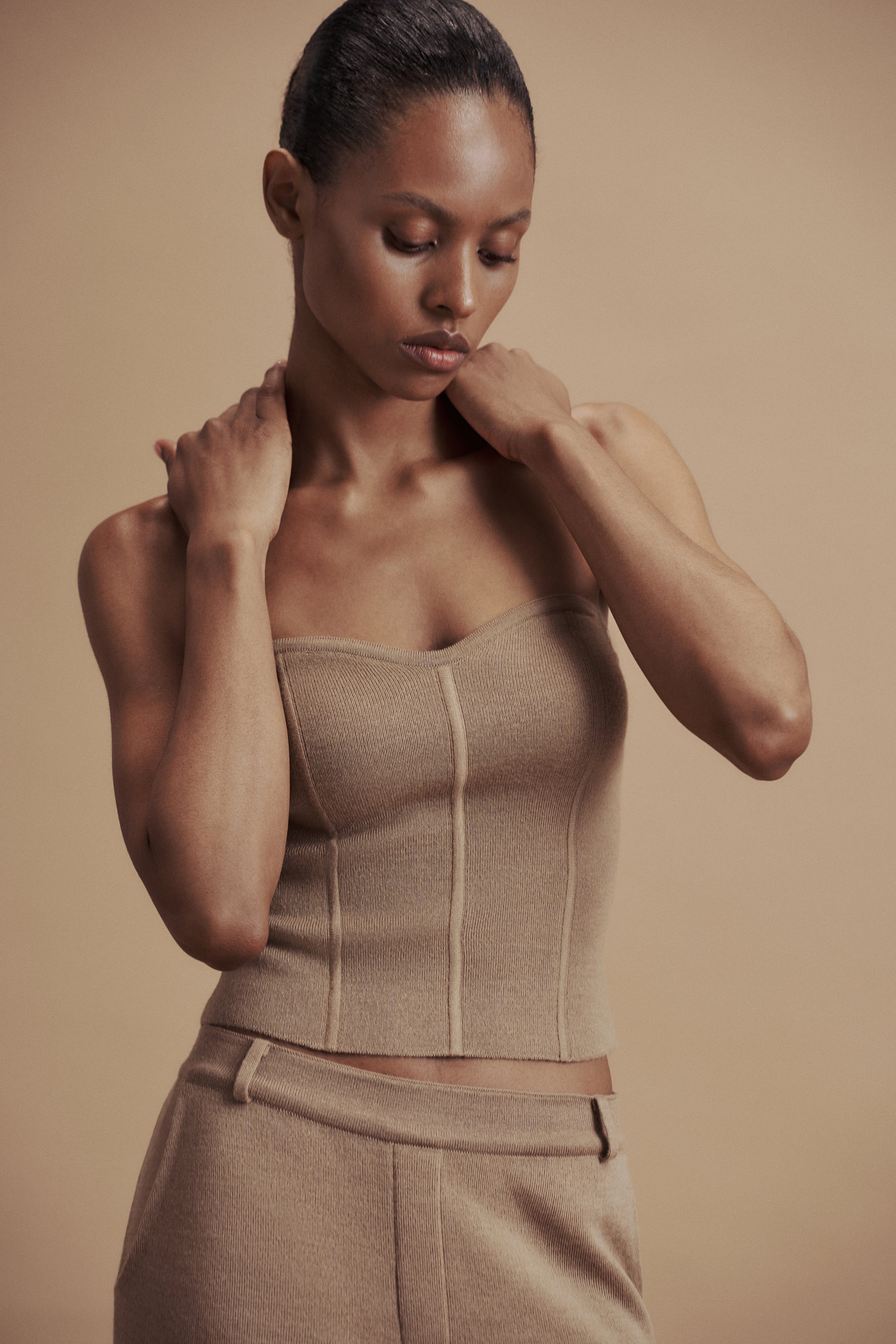 LEO knit corset top in merino wool, beige