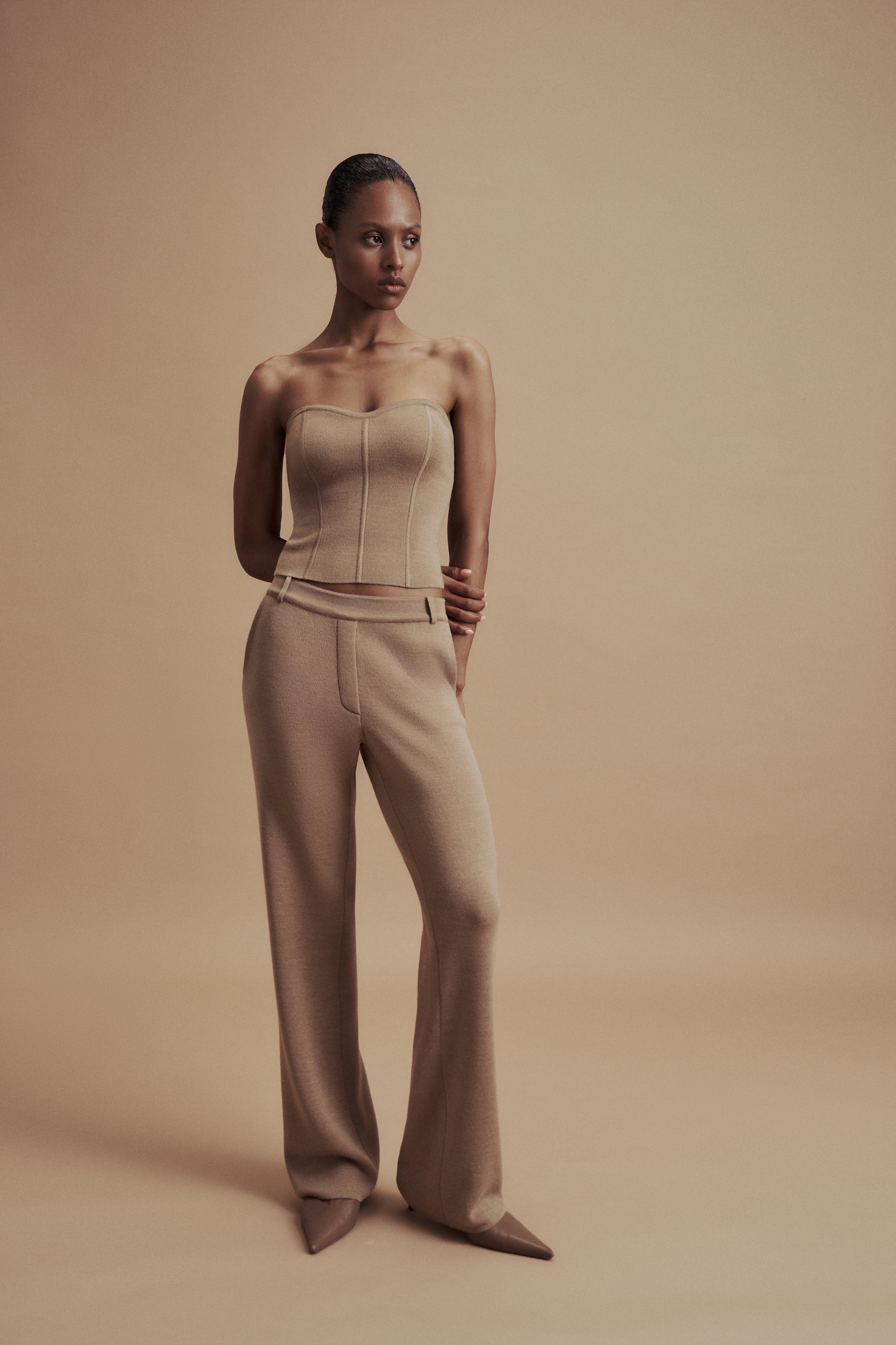 LEO knit corset top in merino wool, beige