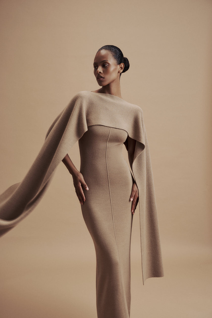 LEO asymmetric cape in merino wool, beige