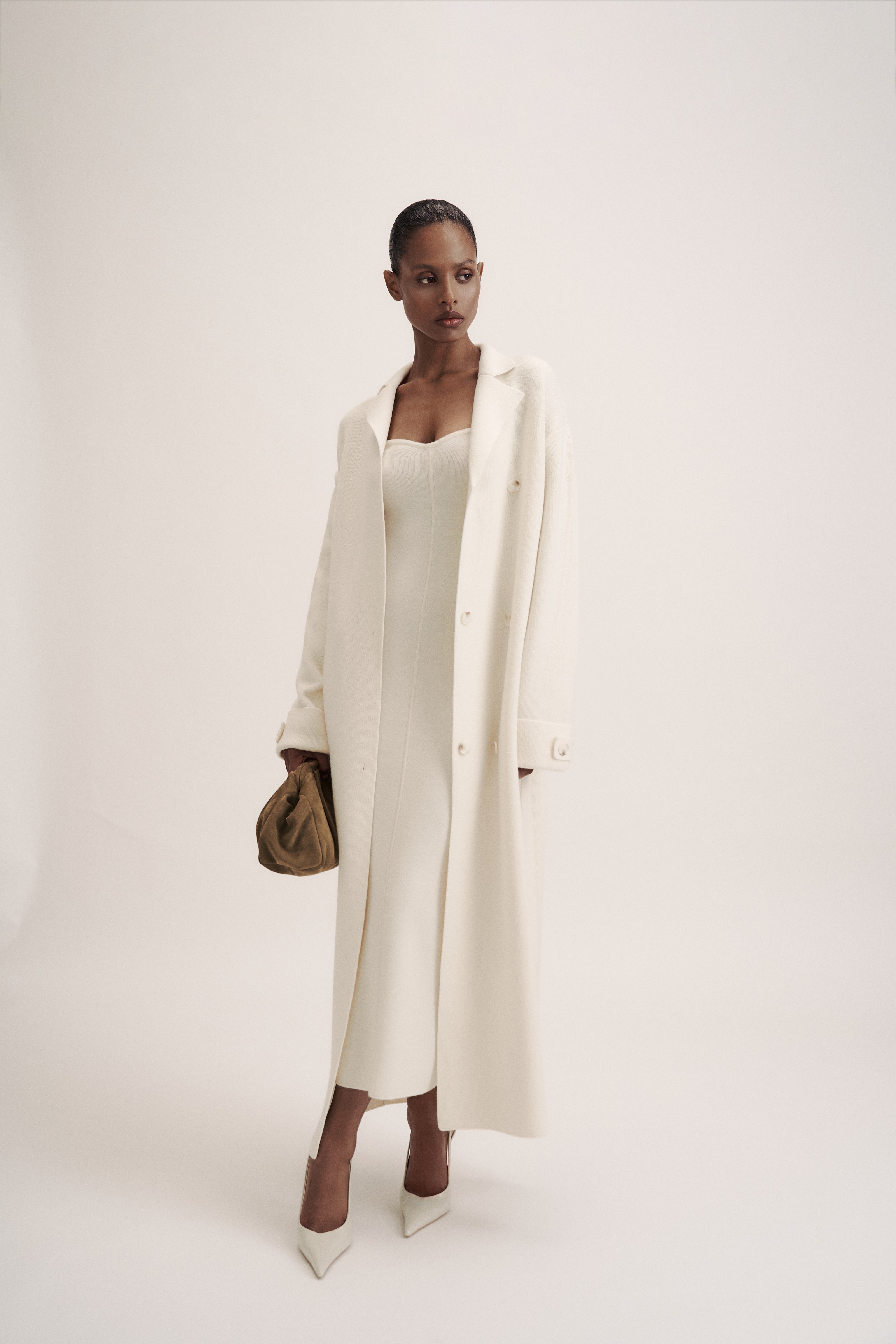 LEO belted coat-cardigan in merino wool, milk