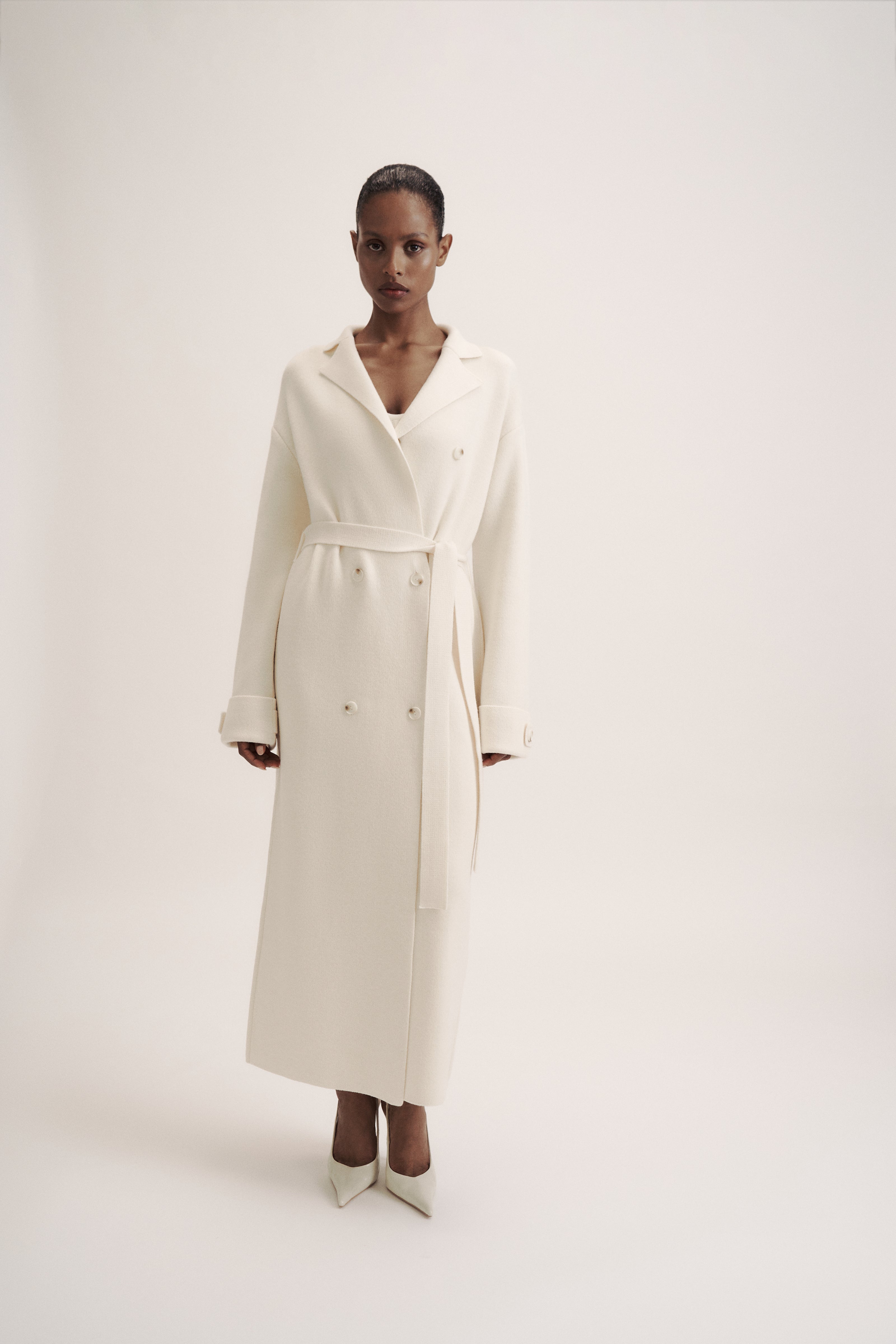 LEO belted coat-cardigan in merino wool, milk