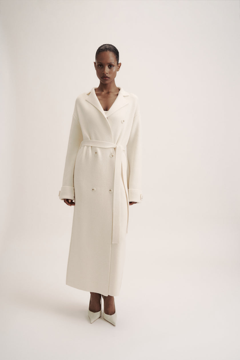 LEO belted coat-cardigan in merino wool, milk