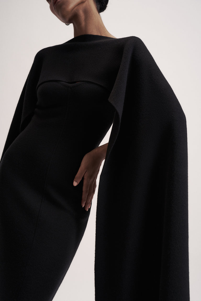 LEO asymmetric cape in merino wool, black
