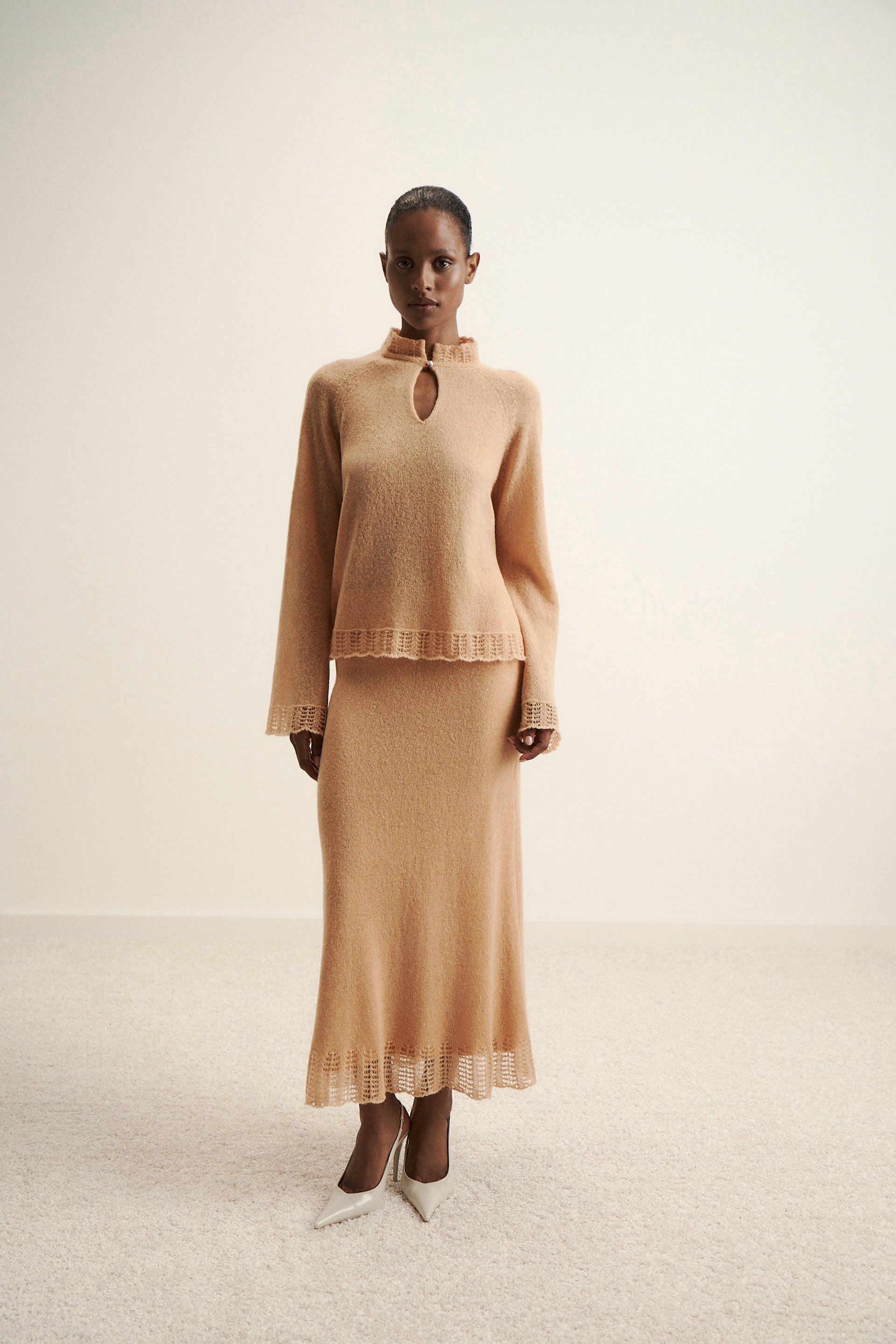 DIORA alpaca wool skirt with lace hem, peach