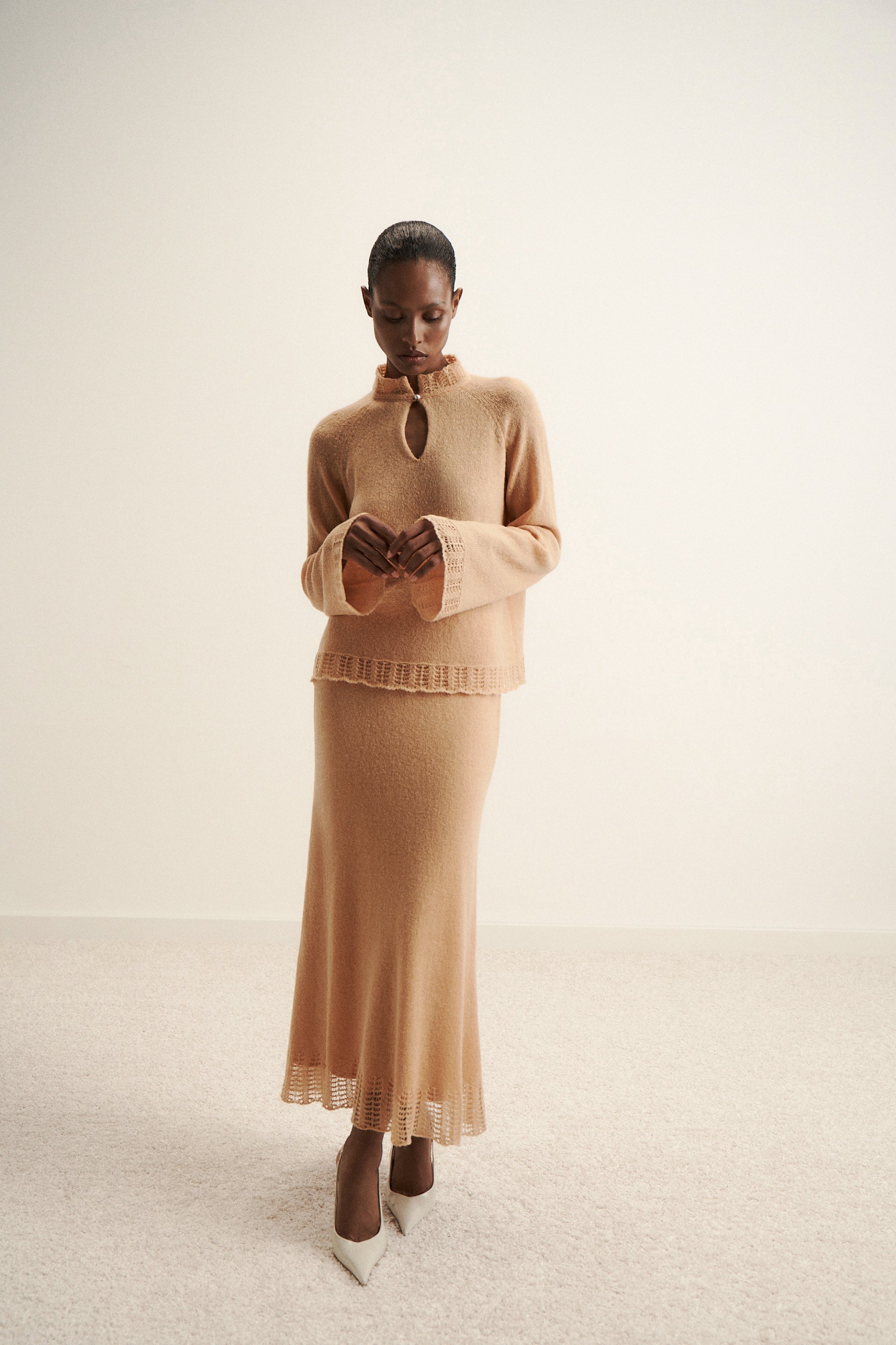 DIORA alpaca wool skirt with lace hem, peach