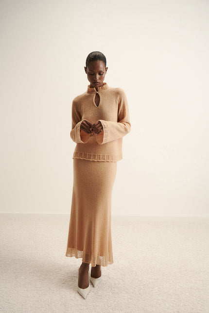 DIORA alpaca wool skirt with lace hem, peach