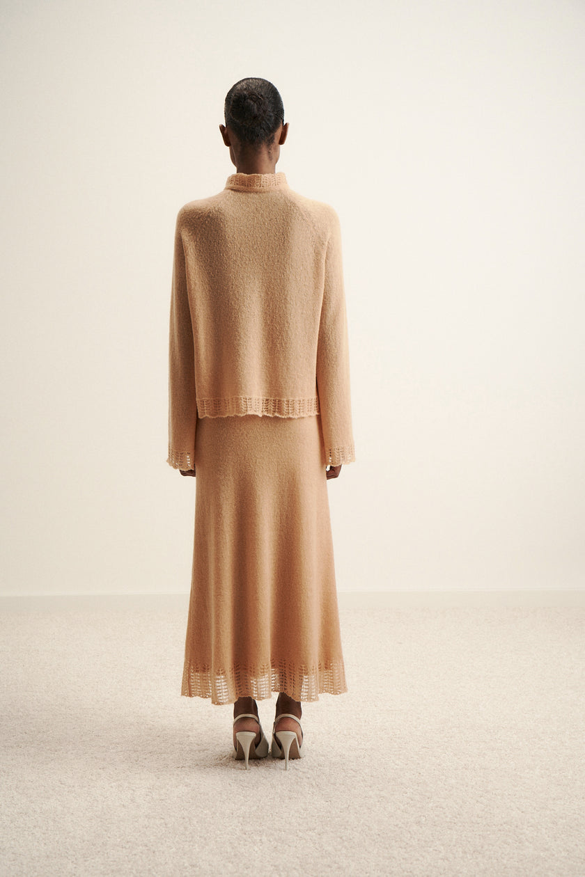 DIORA alpaca wool skirt with lace hem, peach