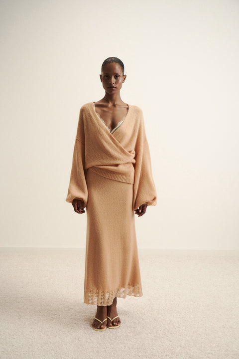 DIORA alpaca wool skirt with lace hem, peach