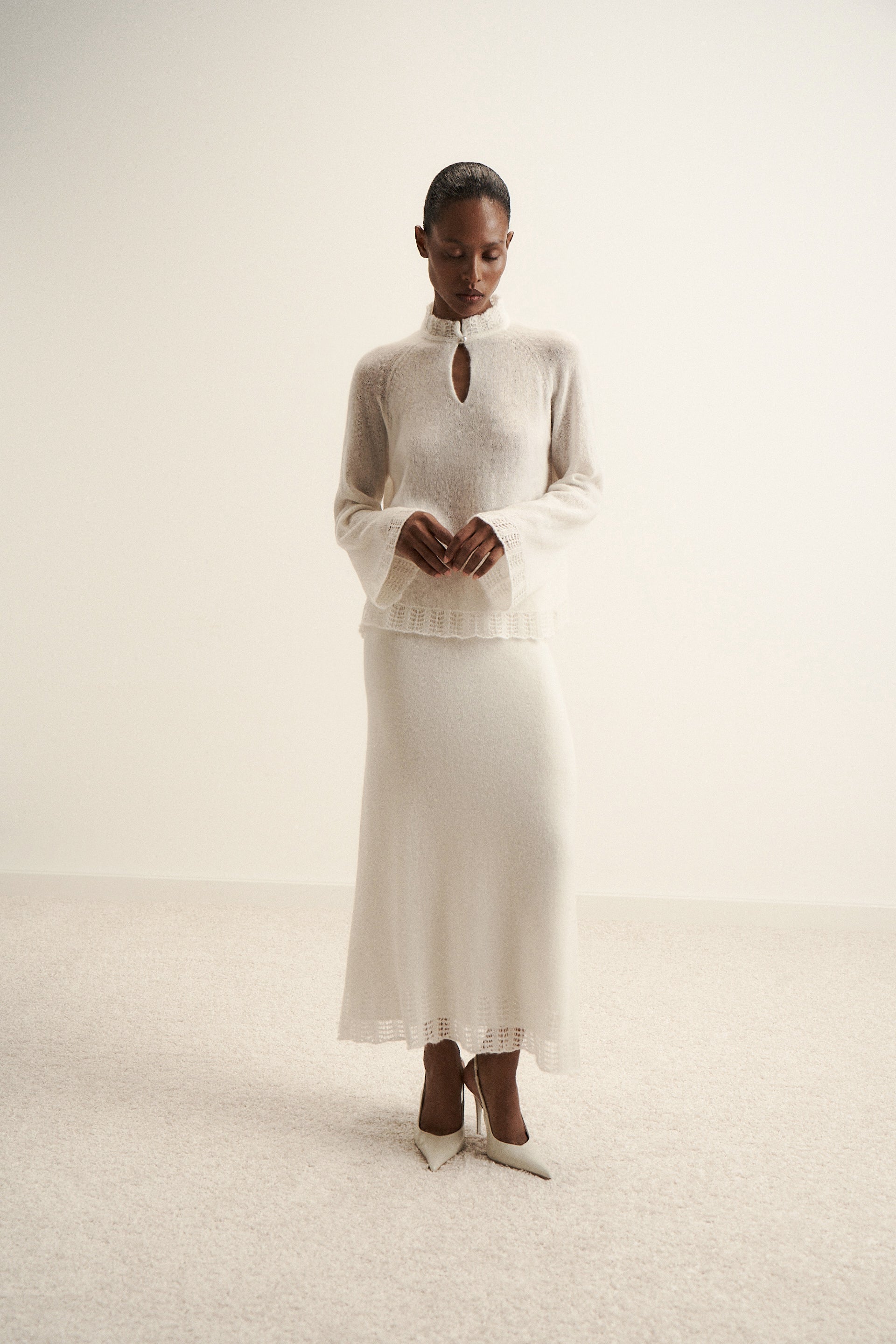 DIORA alpaca wool skirt with lace hem, milk