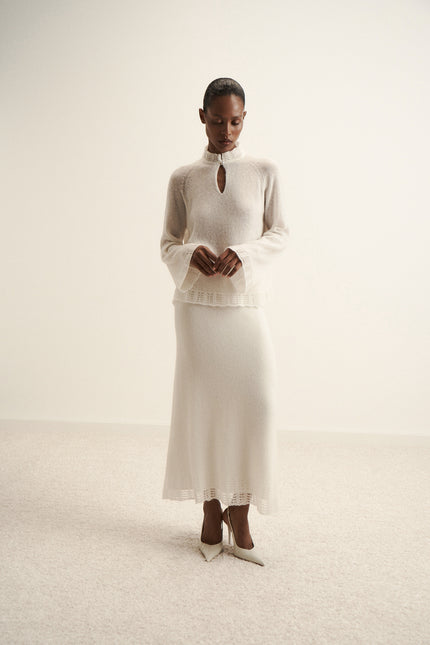 DIORA alpaca wool skirt with lace hem, milk