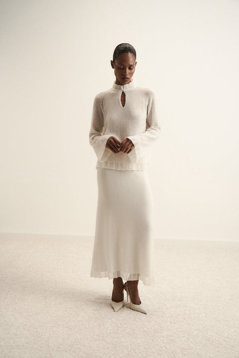 DIORA alpaca wool skirt with lace hem, milk