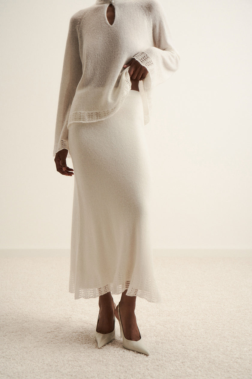 DIORA alpaca wool skirt with lace hem, milk